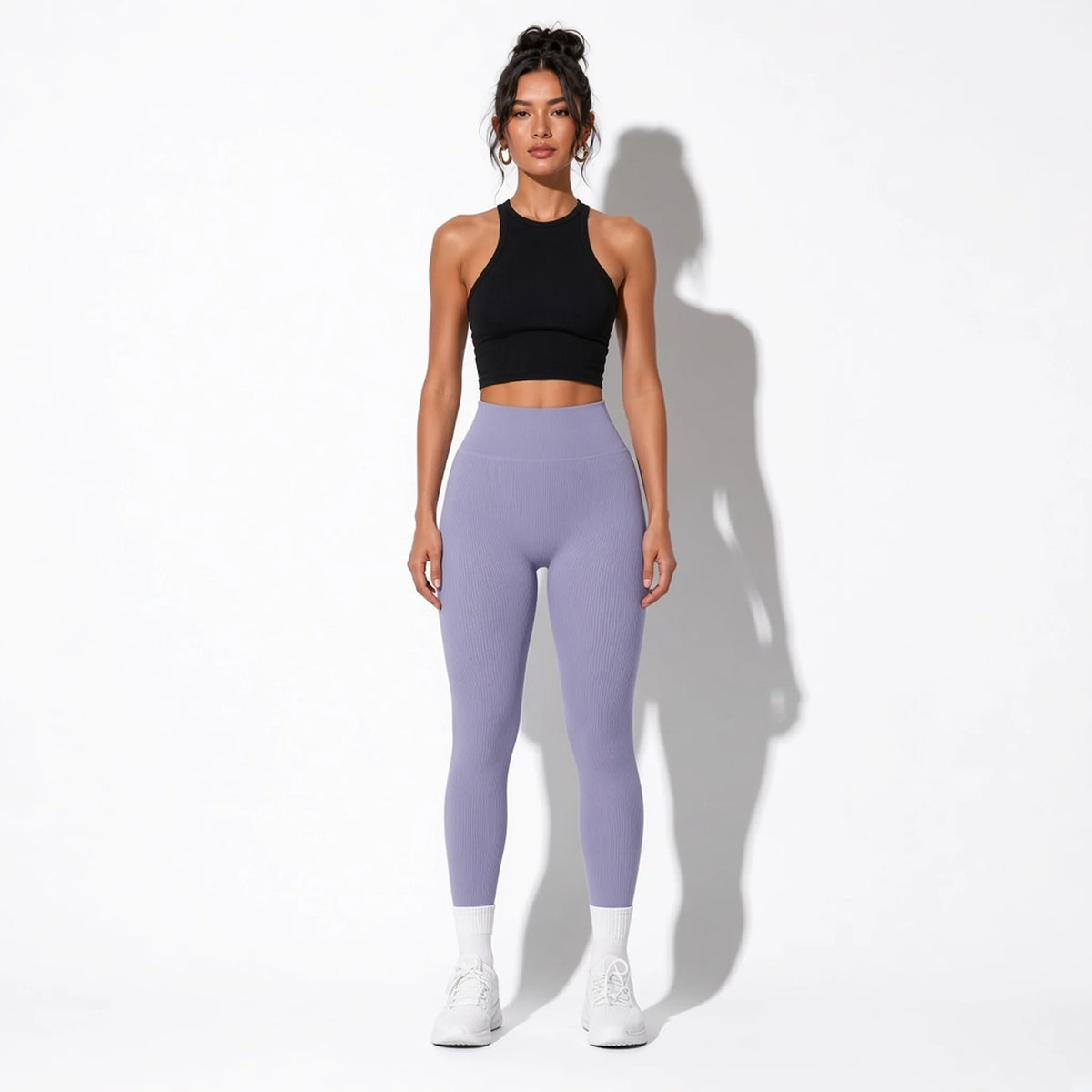 High-Waisted Ribbed Leggings — lilac front