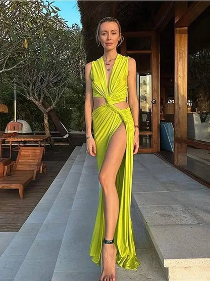 Lime Hollow - Out High Waist Slit Maxi Dress