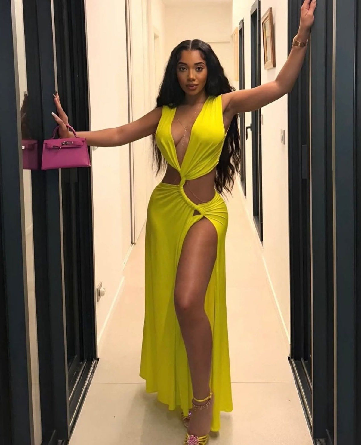 Lime Hollow-Out High Waist Slit Maxi Dress | MABEL LOVE Mabel Love Co Lime Hollow-Out High Waist Slit Maxi Dress | MABEL LOVE Mabel Love Co