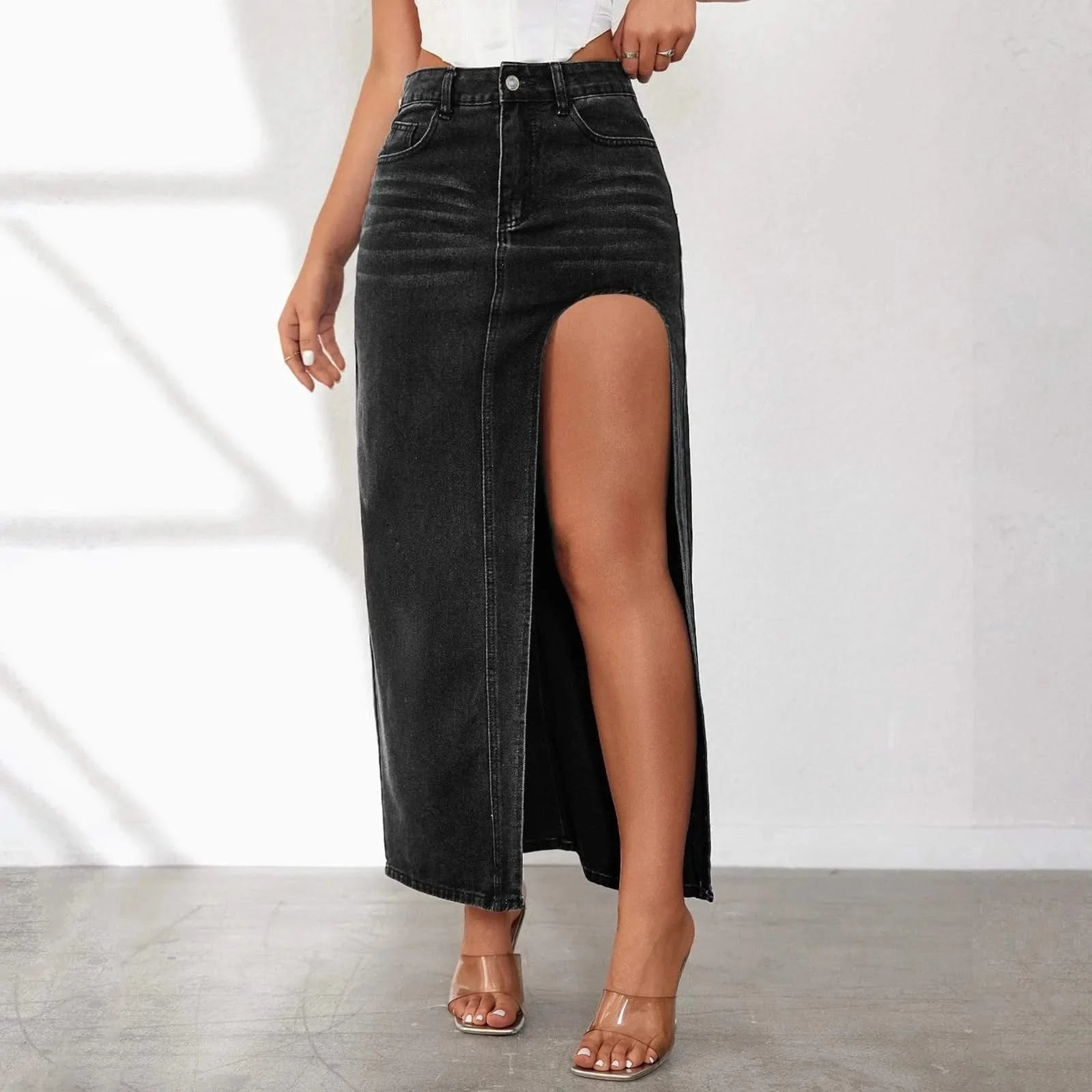 Long Denim Skirt with Slit – Mabel Love Co - Main Image