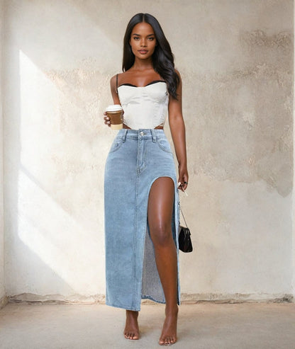 Long Denim Skirt with Slit