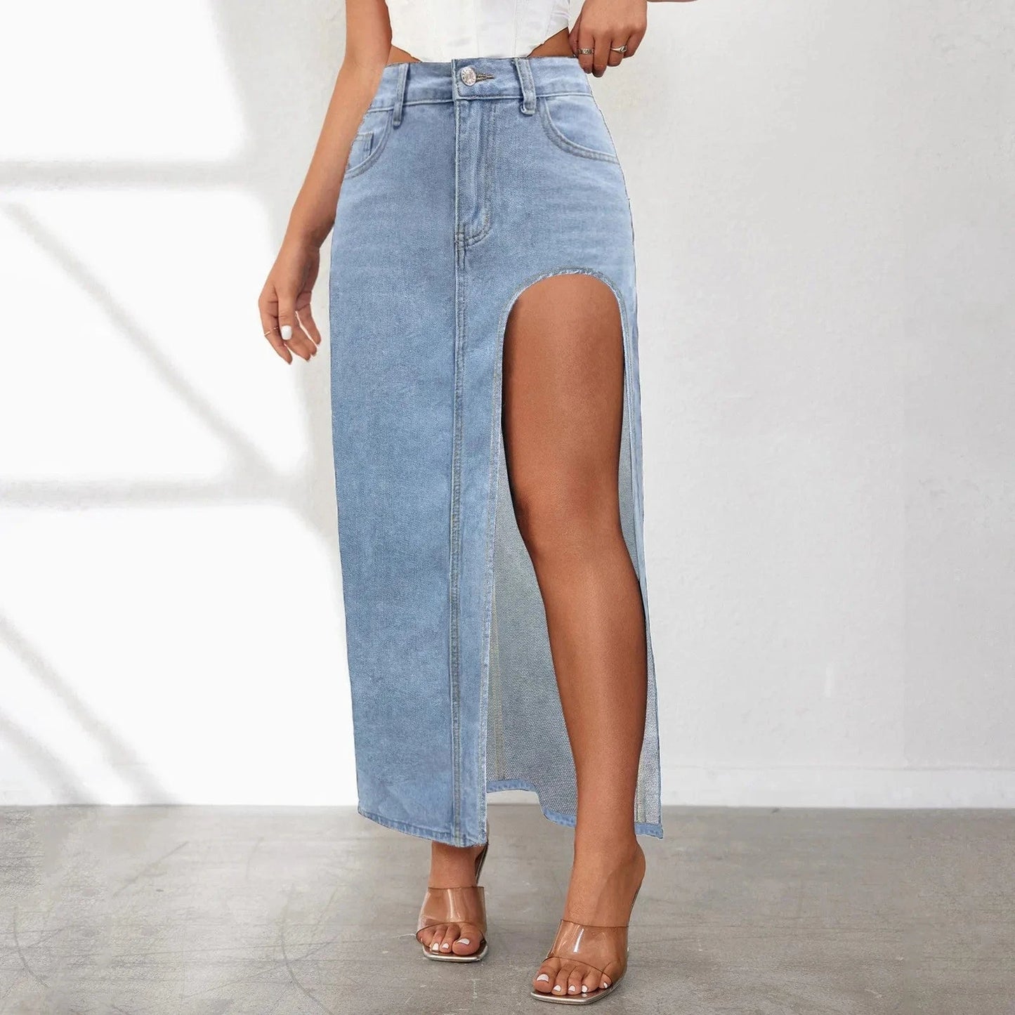 Long Denim Skirt with Slit