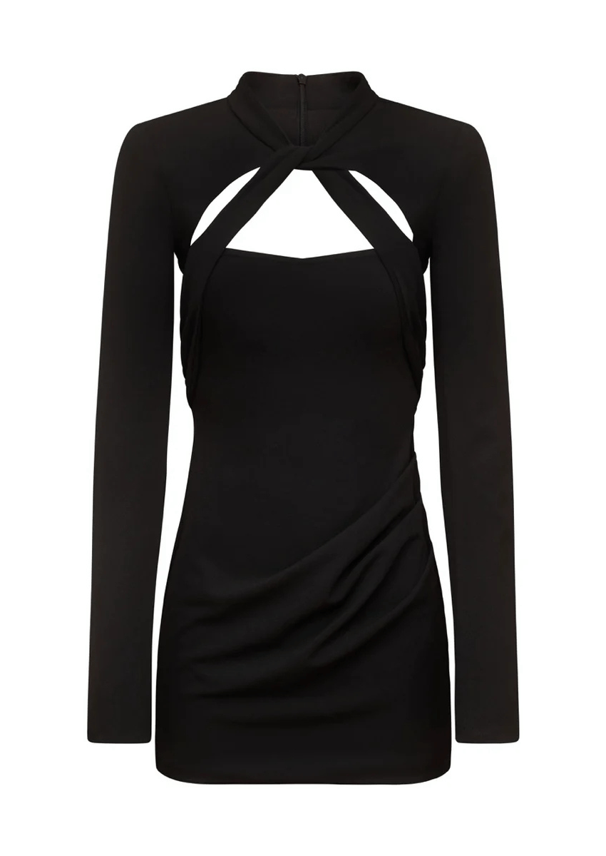 long sleeve twist neckline cut out mini dress NEW The Bar Twist Dress MINI SILK SATIN LONG SLEEVE CUT OUT Black SIZE 2 *KK