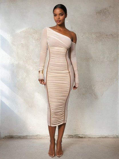 Long sleeve one shoulder Midi Dress