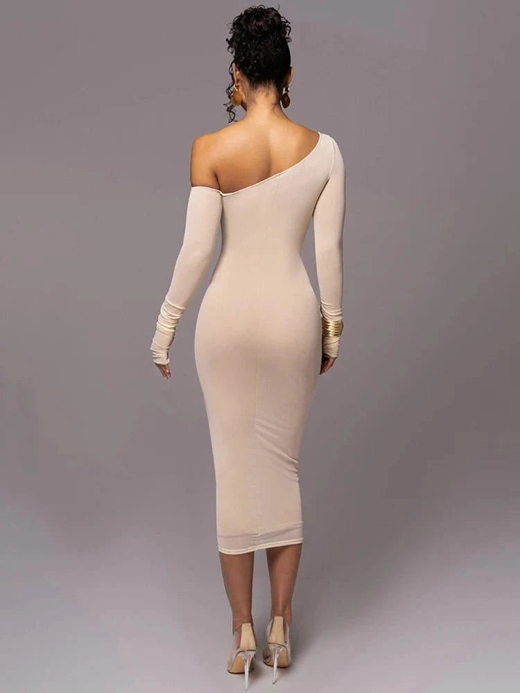 Long sleeve one shoulder Midi Dress