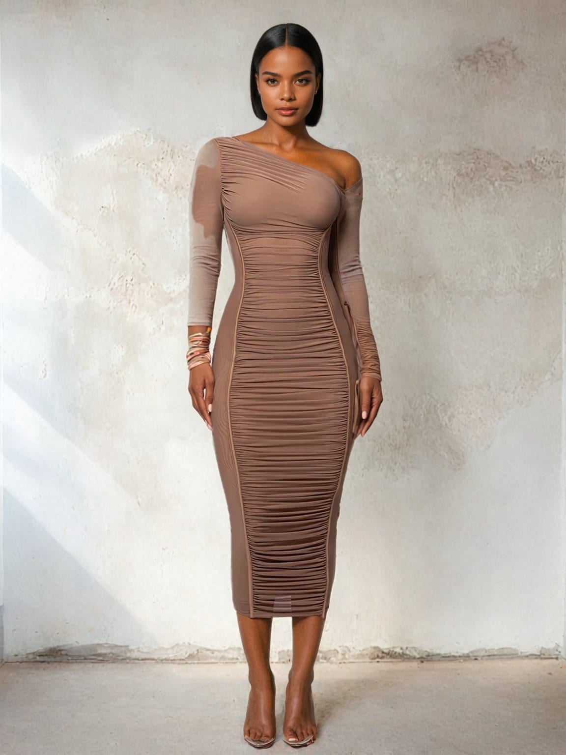 Long sleeve one shoulder Midi Dress