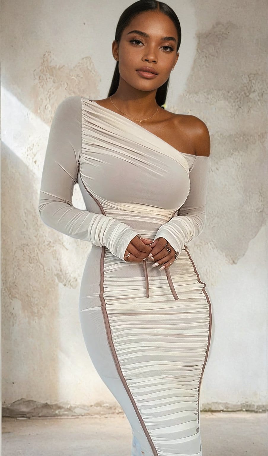 Long sleeve one shoulder Midi Dress