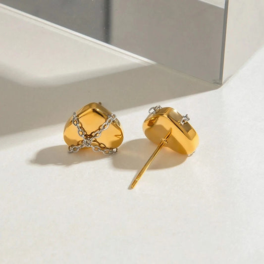 "Love Heart Silver Chain Stud Earrings - Minimalist Style"
