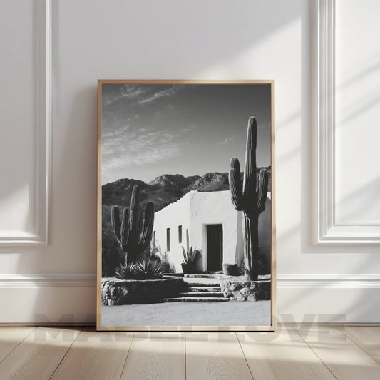 Desert Adobe & Cactus B&W Digital Wall Art Print