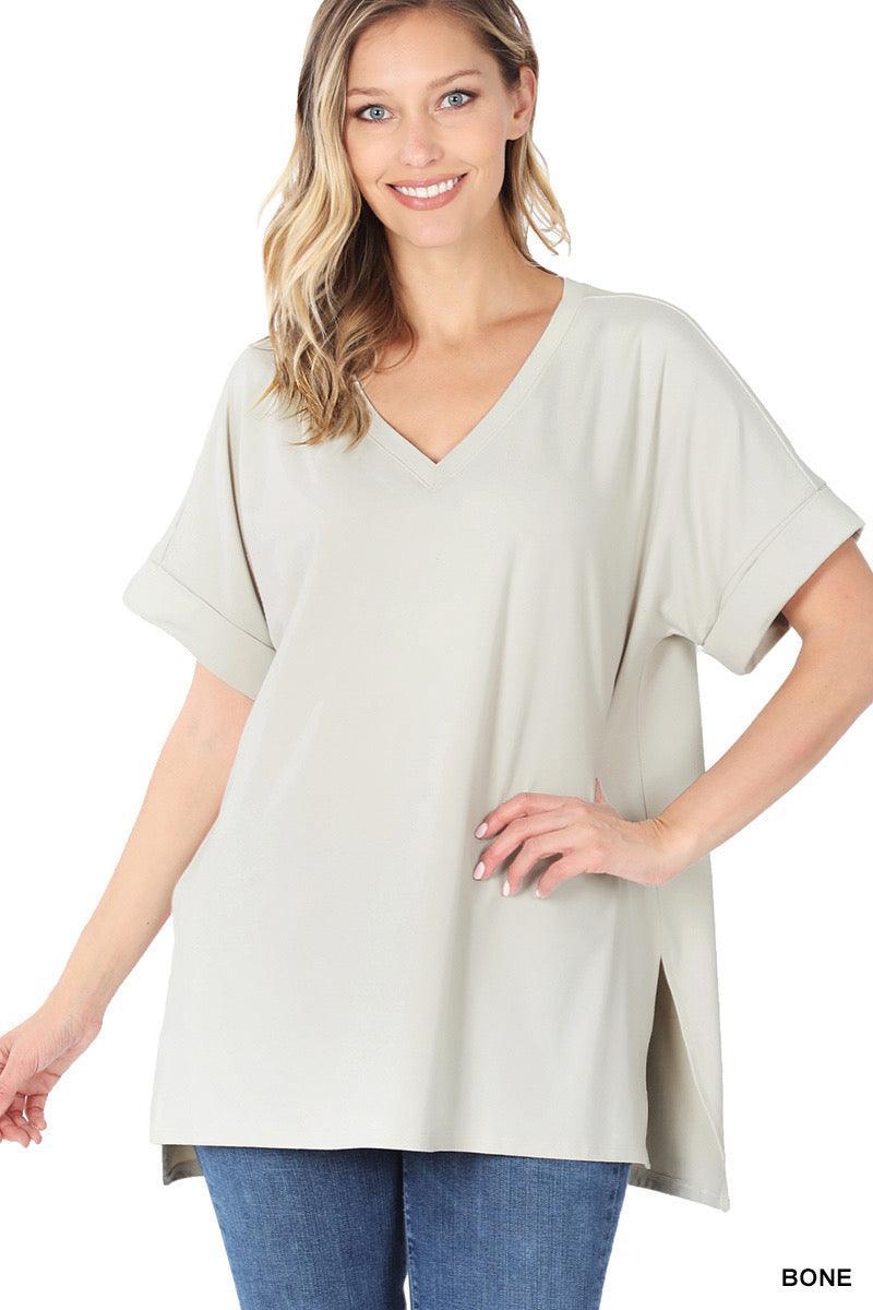 ROLLED SLEEVE SOFT V NECK T-SHIRT, [product type]
