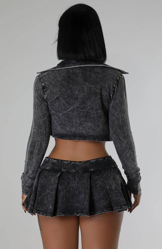 Back details of black Three-Piece Acid Wash Set with Mini Pleated Skirt