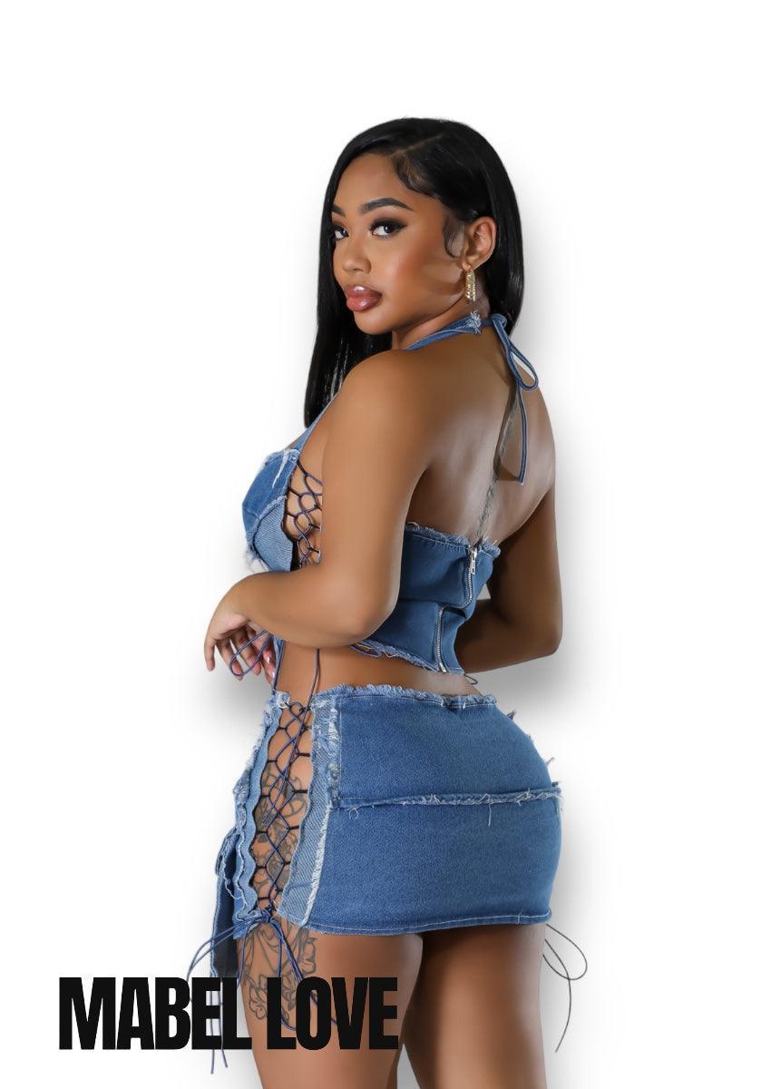 Woman wearing her Denim Lace-Up Set