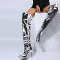 Front Angle of a woman wearing Silver Mirror Thighboots