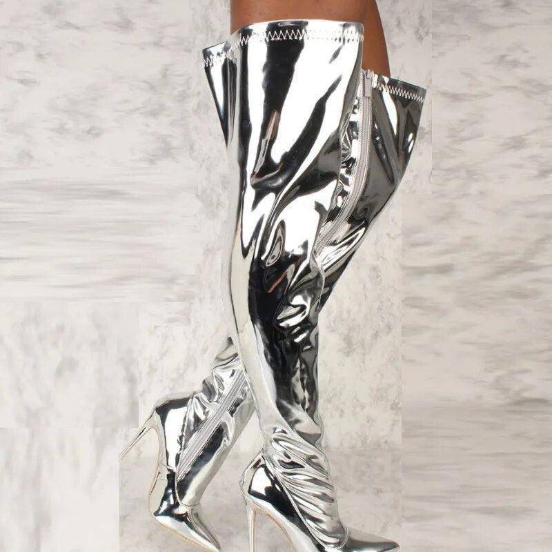 Side Angle of Silver Mirror Thighboots