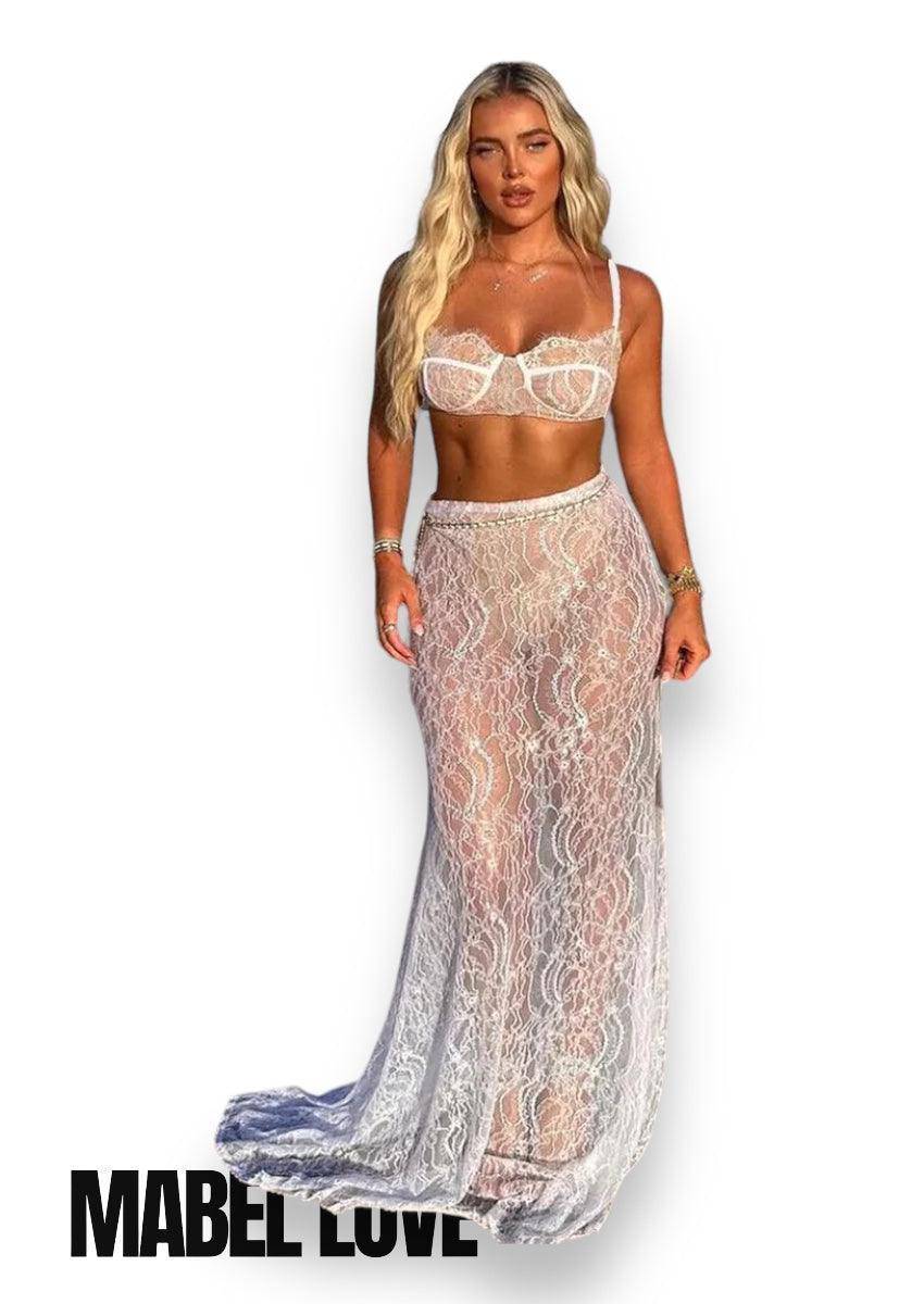 See through Lace Women Skirt Two Piece Set, 