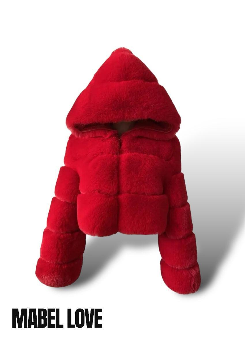 Women Faux Fur Hooded CoaT in red