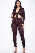 Solid Spandex Collared Tie Front Top And Ruched Pants Set, [product type]