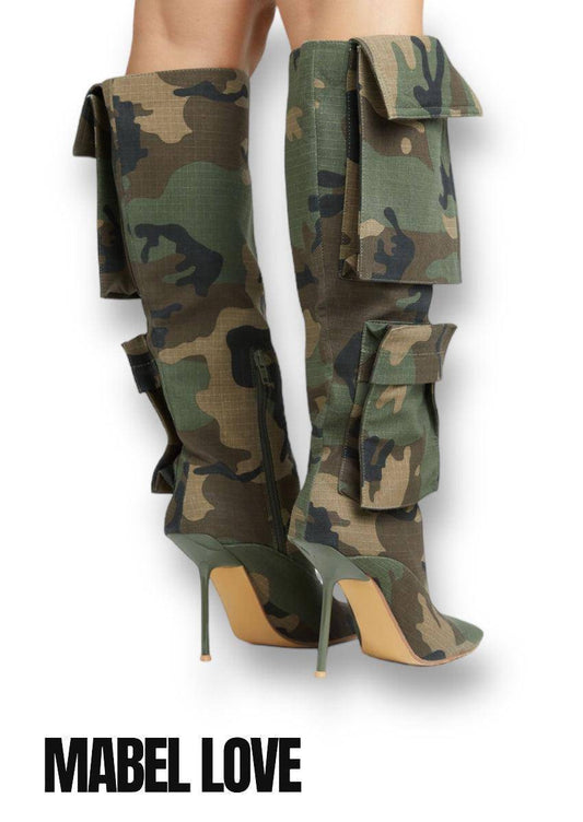 Back Angle of Camo Knee-High Stiletto Boots