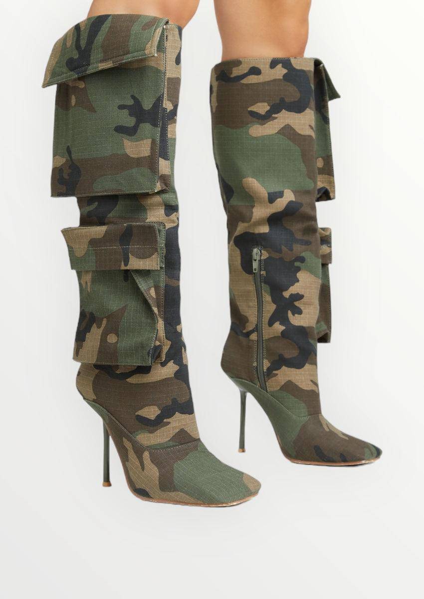Side Angle of Camo Knee-High Stiletto Boots