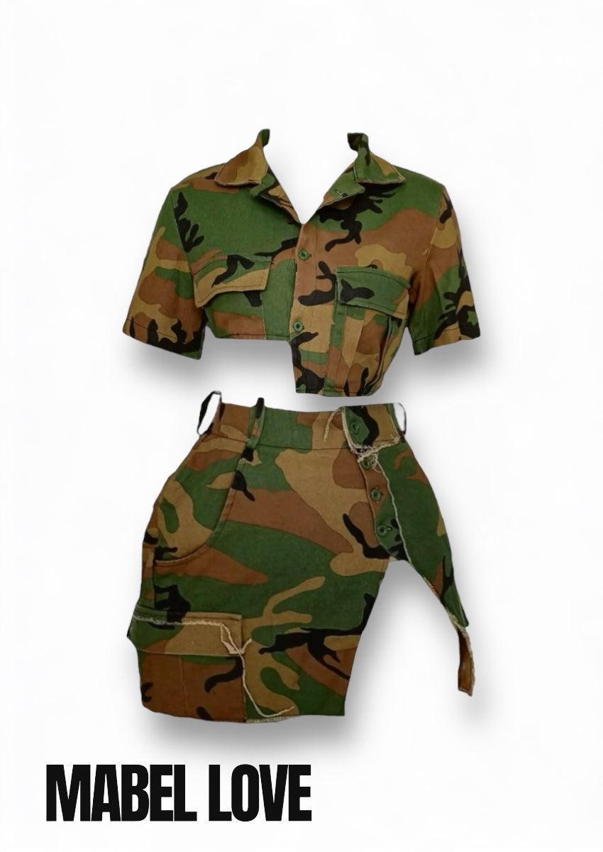 Streetwear Camouflage Skirt Two Piece Set, 