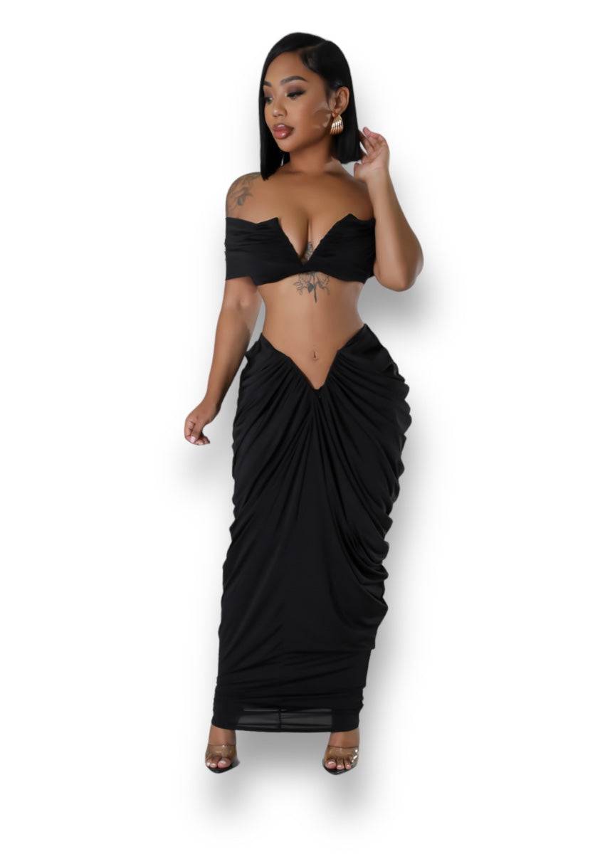 Ruched Low Waist Maxi Long Skirts Set, 