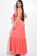Front Strap Top And Tiered Wide Leg Pants Set Coral, [product type]