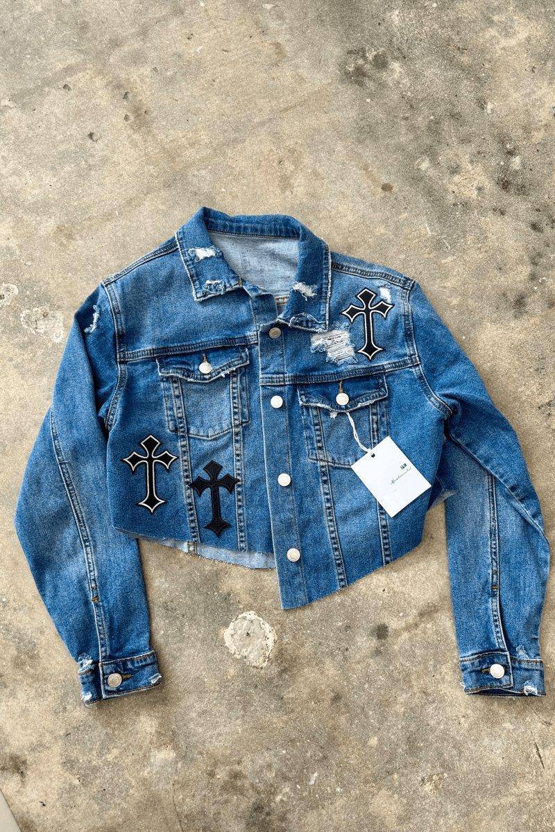 Cropped Cross Denim Jacket, 