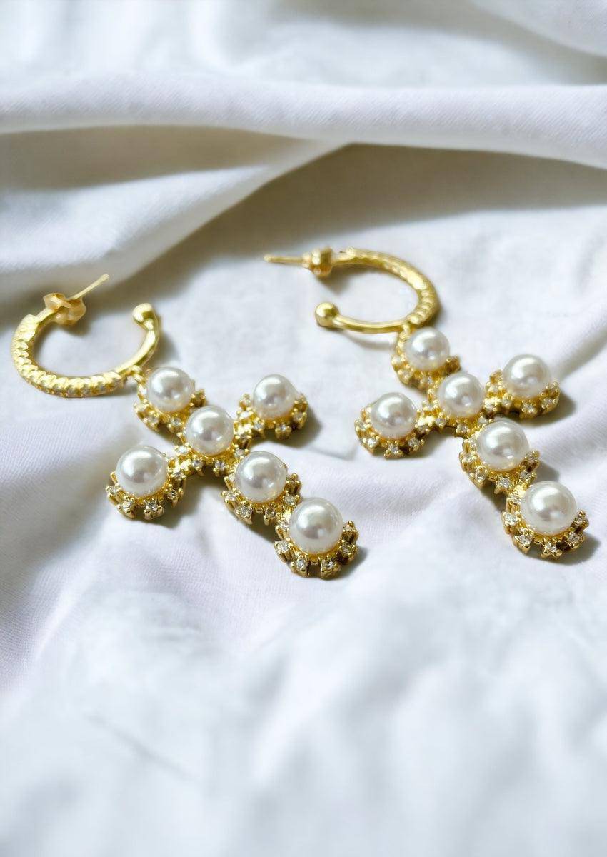 Dangle Pearl Cross Earrings, 