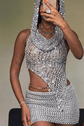 Silver Three-Piece Knitted Sequin Hooded Set