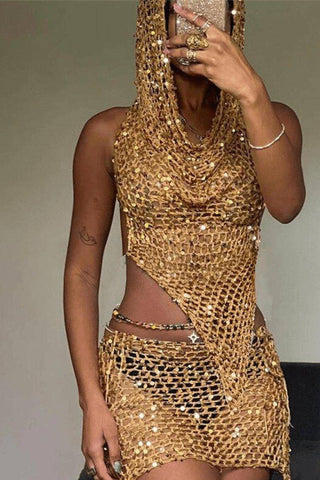 Gold Three-Piece Knitted Sequin Hooded Set