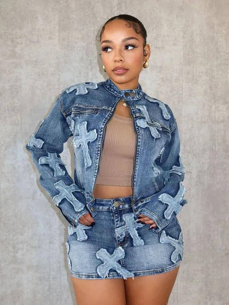 Embroidered Denim Skirt and Cropped Jacket Set