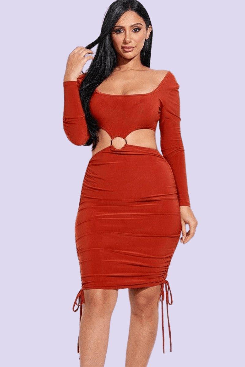 Solid Long Sleeve Ruched Mini Dress With O Ring, [product type]