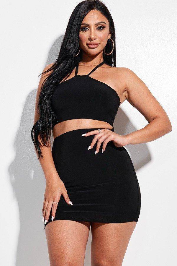 Solid Knit Double Layered Halter Neck Mini Dress With Front Cut Out, [product type]