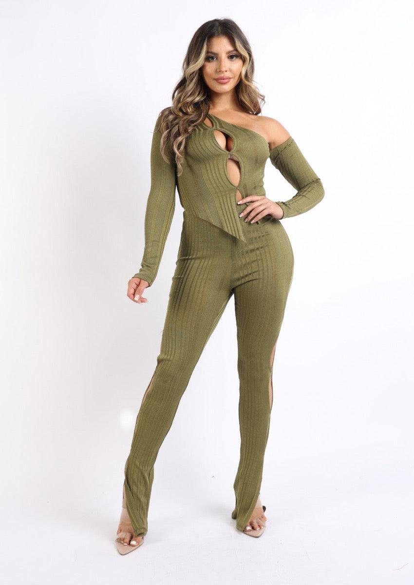 Cutout Ribbed Pants Set Olive, [product type]