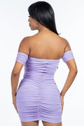 Solid Off The Shoulder Ruched Mini Dress Lavender, [product type]
