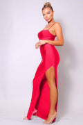 Spaghetti Strap Pleated Bust Front Slit Maxi Dress, [product type]