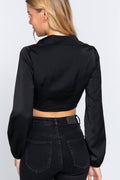 Long Sleeve Collar Front Twisted Crop Top, [product type]