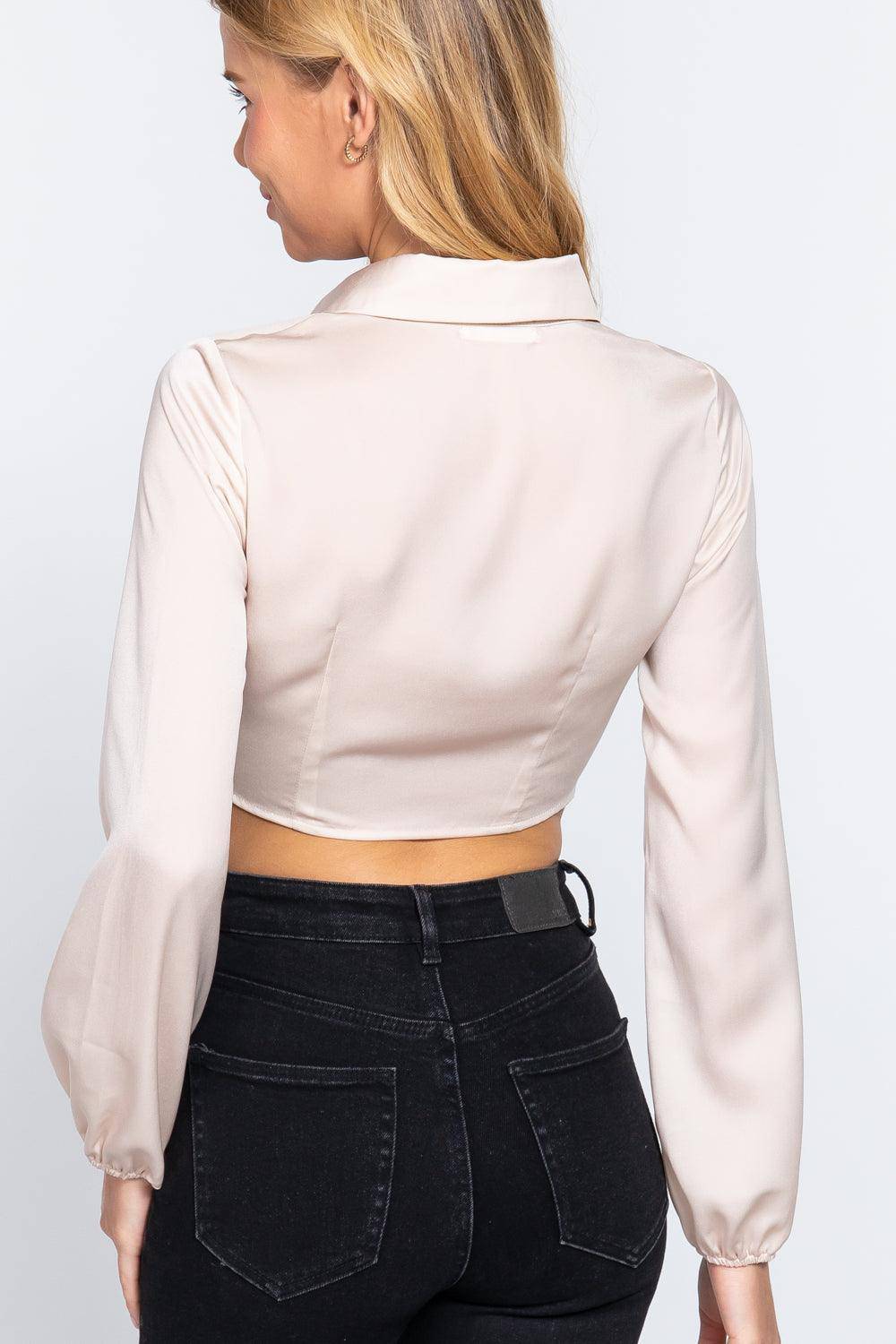 Long Sleeve Collar Front Twisted Crop Top, [product type]