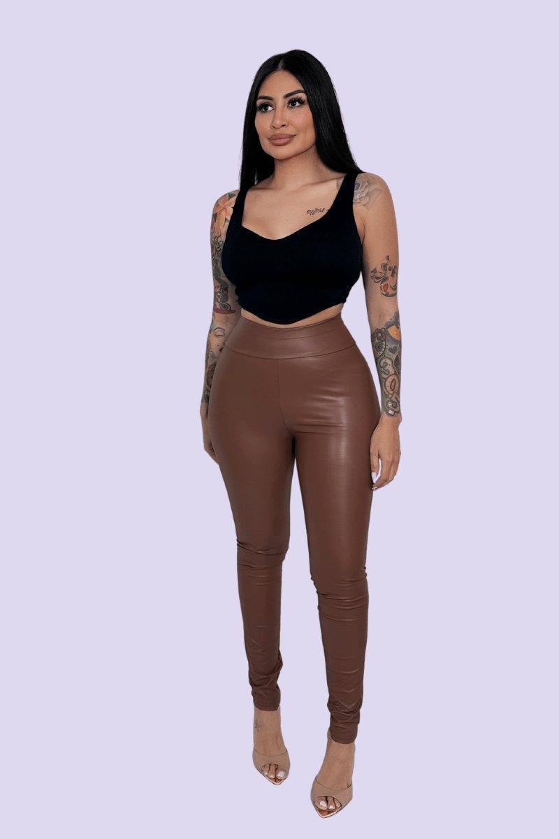 BROWN PU LEATHER LEGGINGS, [product type]
