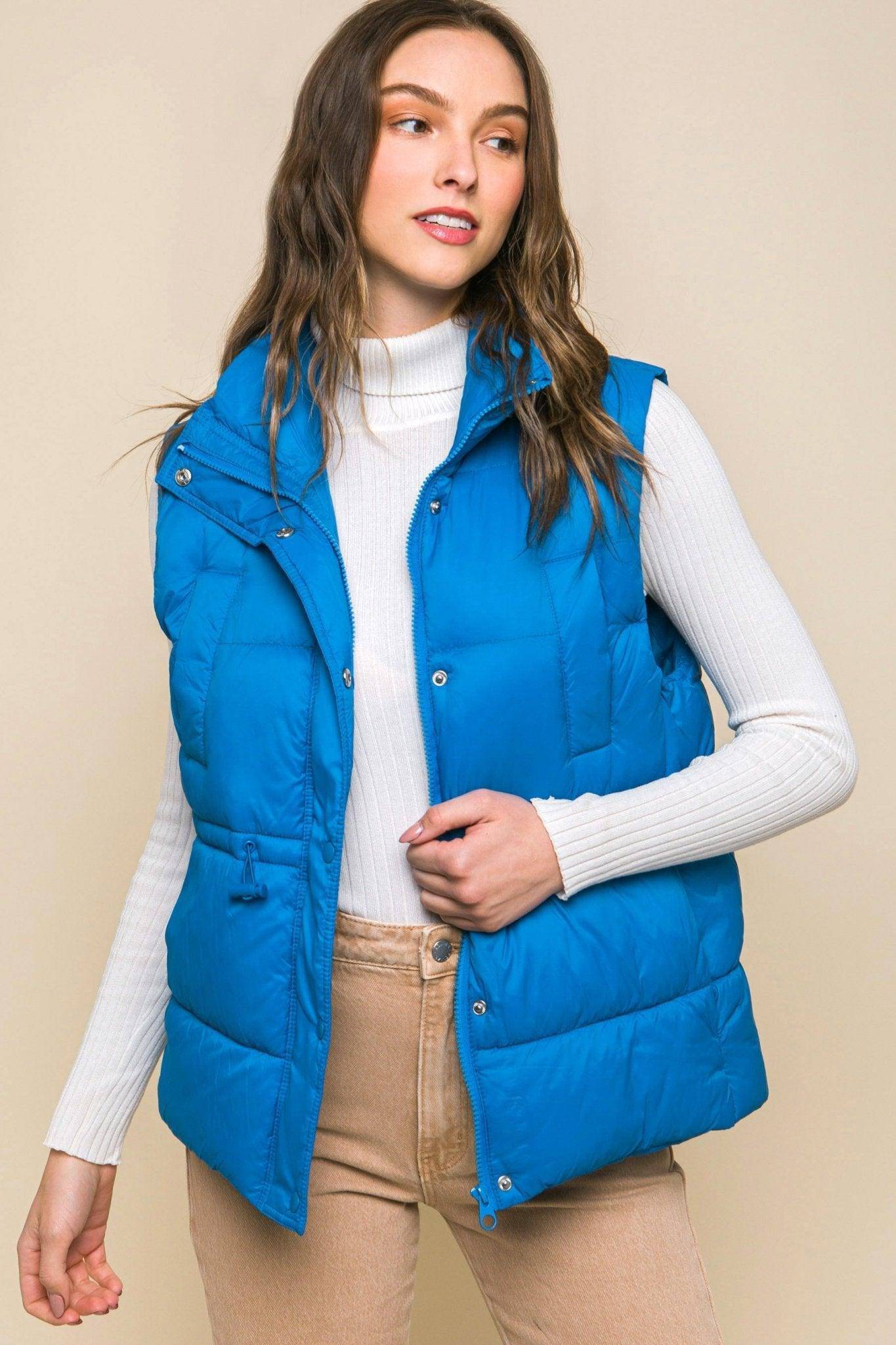 Zip Up Button Puffer Vest With Waist Toggles, 