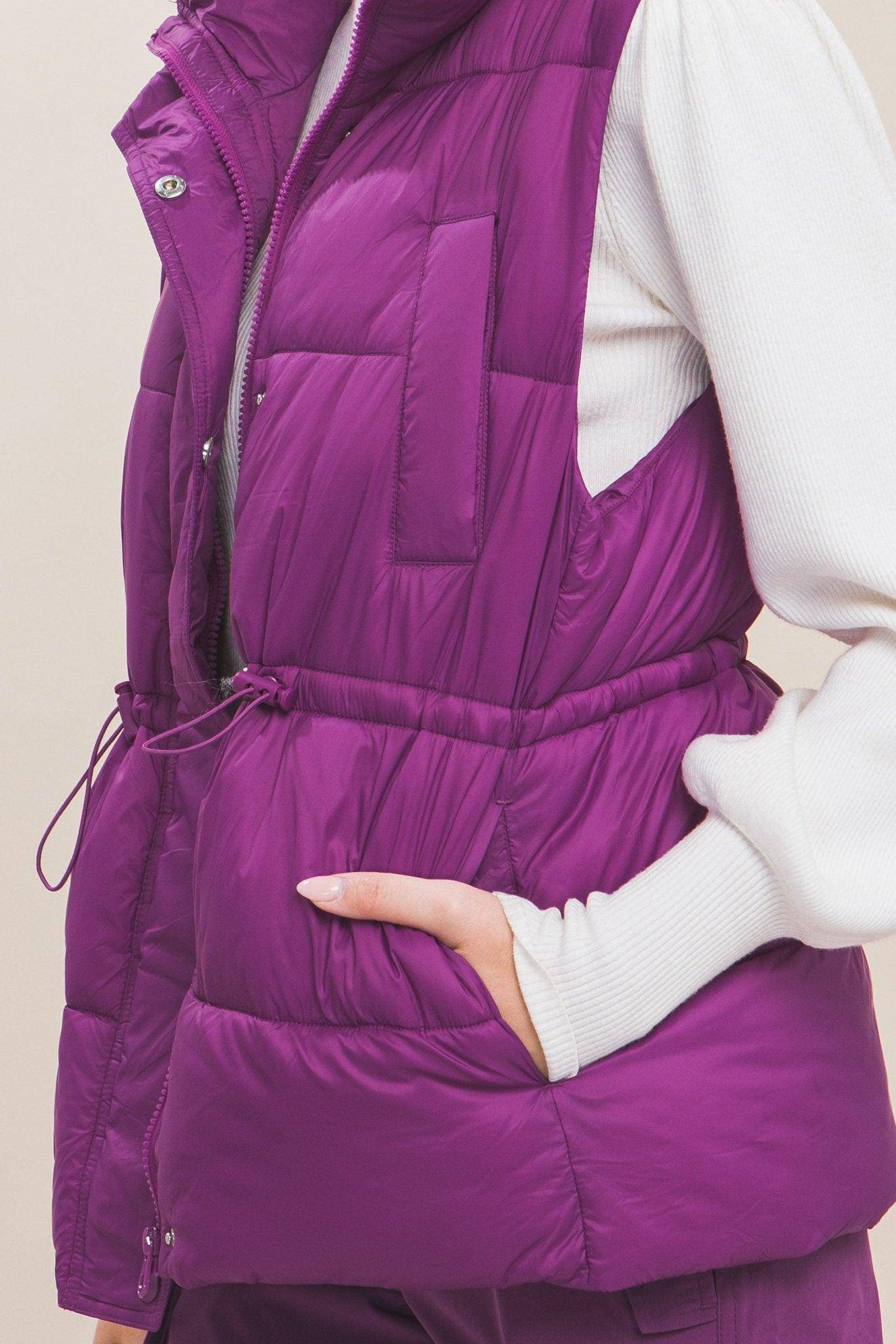 Zip Up Button Puffer Vest With Waist Toggles, 