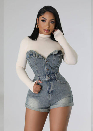 Strapless Denim Romper can be partnered with long sleeves