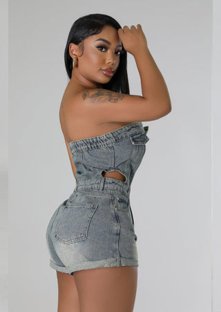 Strapless Denim Romper with waist cu-outs details