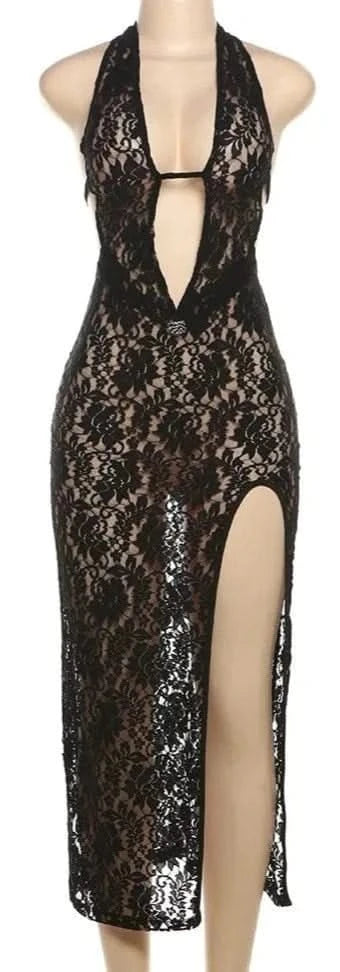 Mesh Maxi Split Dress with Hollow Deep V-Neckline | Mabel Love Co Maxi Dress Mesh Maxi Split Dress with Hollow Deep V-Neckline | Mabel Love Co Maxi Dress