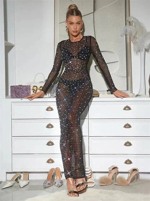 Mesh Sequin See - Through Long Dress