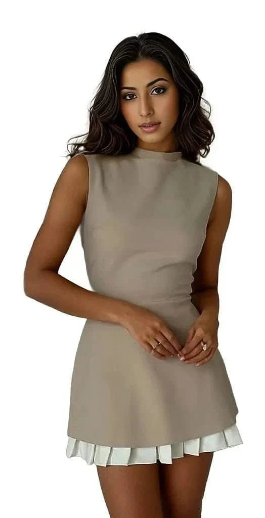 Elegant Mini Dress with White Pleated Hemline