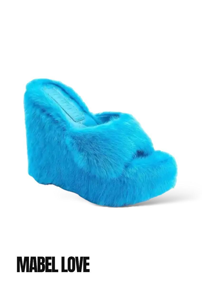 Sky Blue Mink Fur Wedges