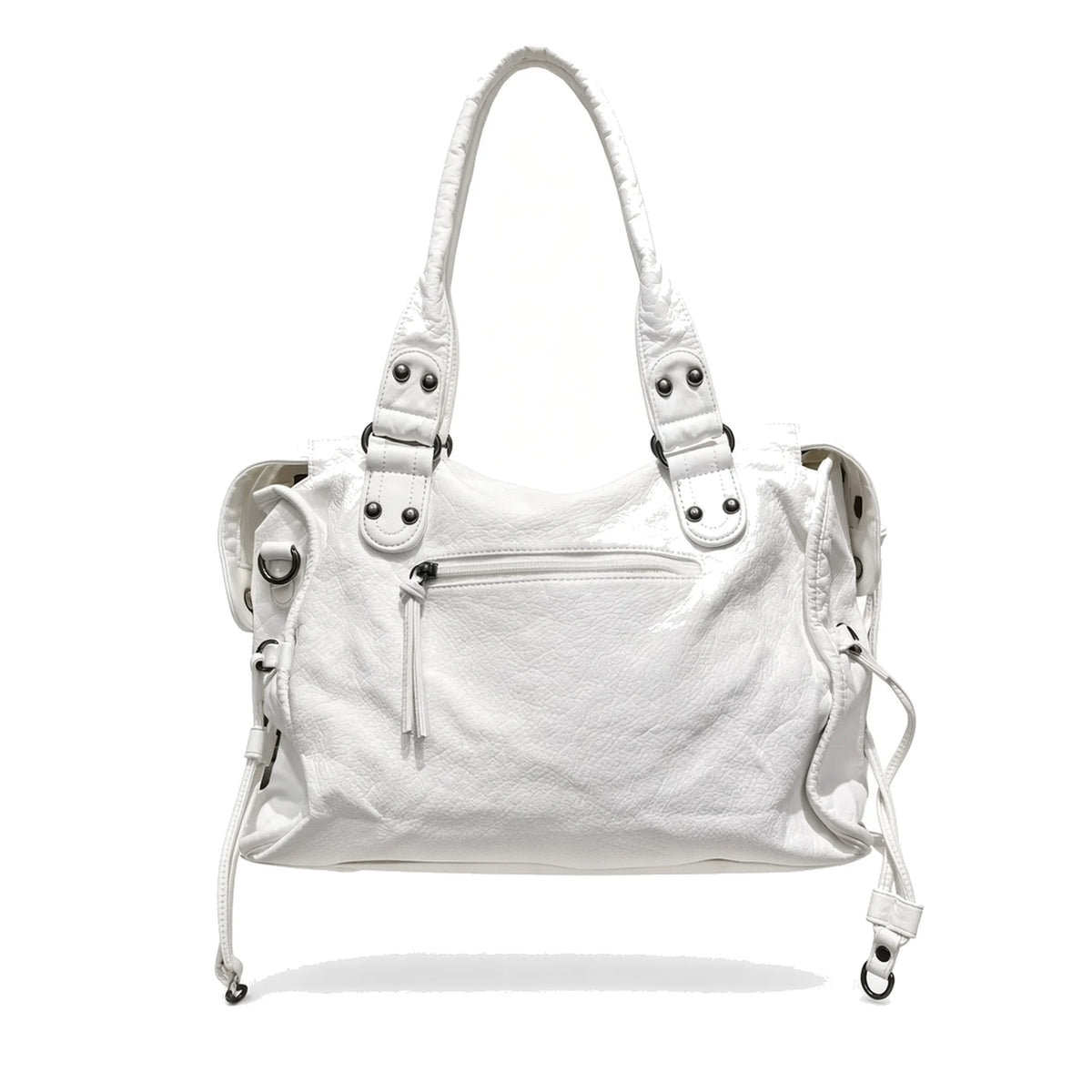 Washed Faux Leather Moto Tote — front