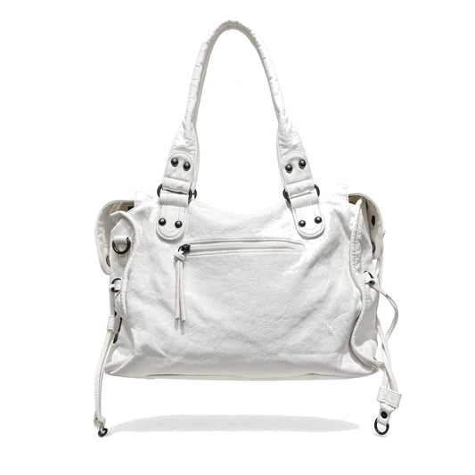 Washed Faux Leather Moto Tote — front