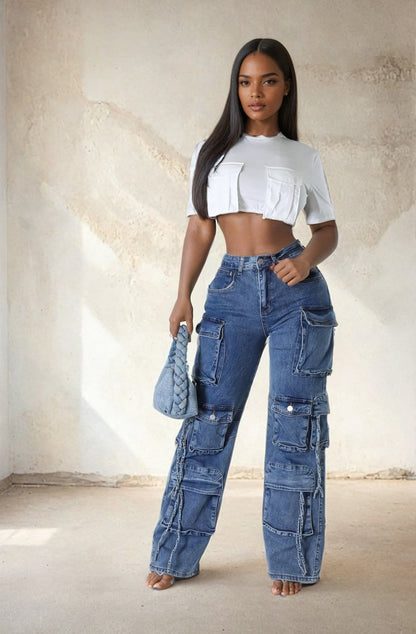 Multi Pockets Wide - Leg Denim Pants